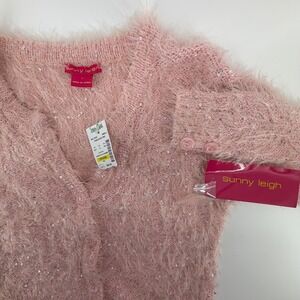 Sunny Leigh Y2K Pink Fuzzy Sequin Cardigan Sweater Small Girls